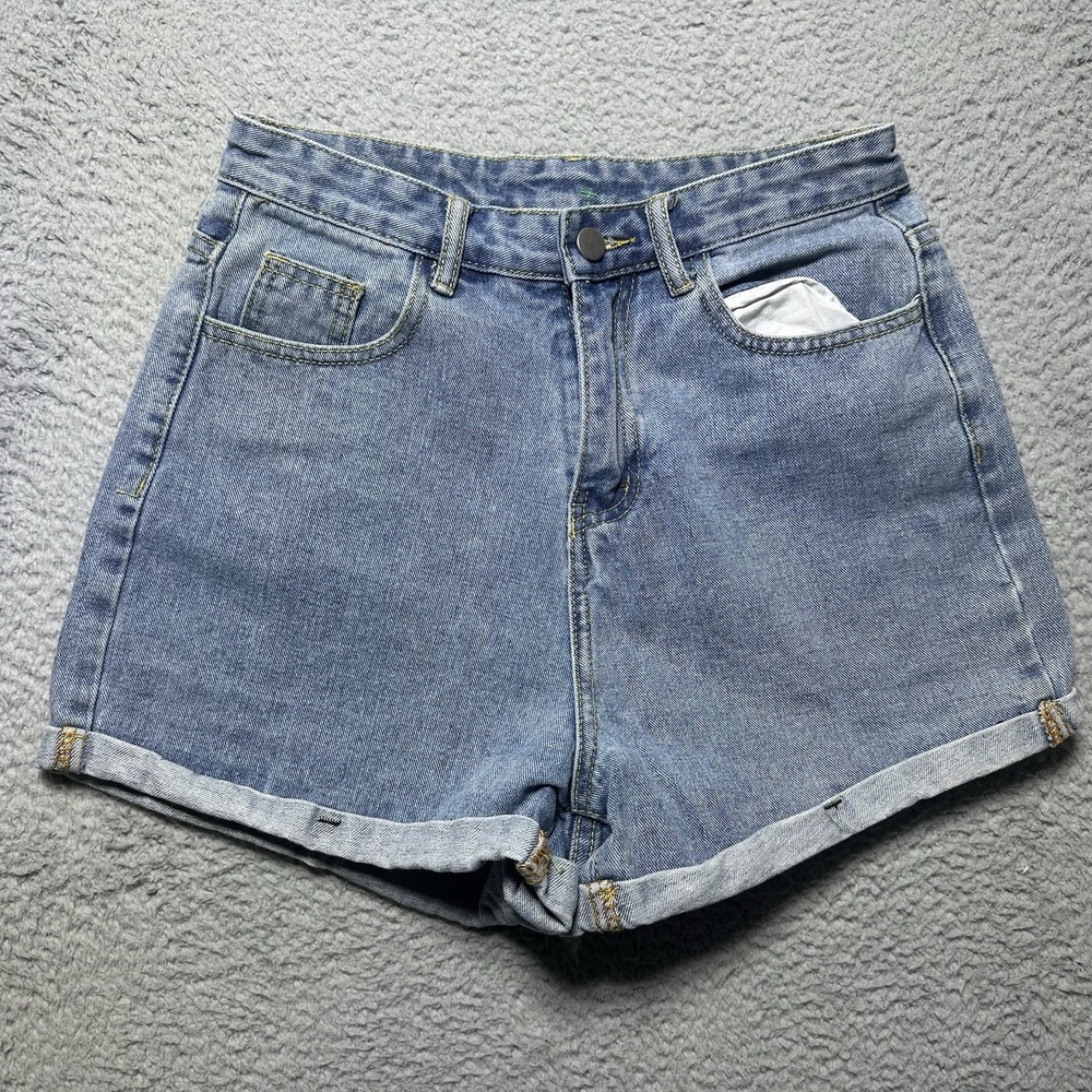 Jeans Shorts Women M Blue Faded Denim 5 Pocket Cuffed Hem High Rise‎ Mom Jean